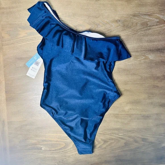 Swimsuit XL‎ One Shoulder Ruffle One Piece Swimsuit Navy Blue XL BNWT - Picture 5 of 8